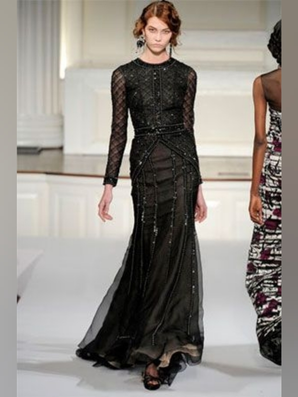 ^$8,000 OSCAR DE LA RENTA BLACK SILK LACE BEAD ESTAB RUNWAY DRESS GOWN US 6